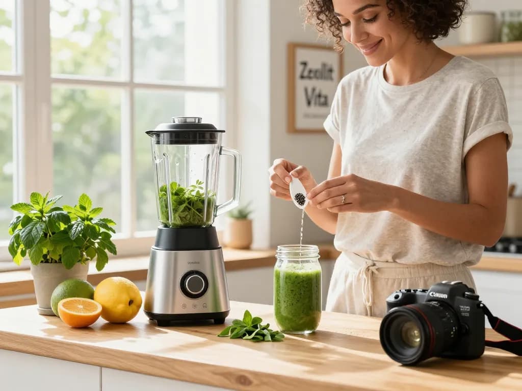 Przygotowywanie smoothie detoksykacyjnego z Zeolit Vita dla zdrowego stylu życia.