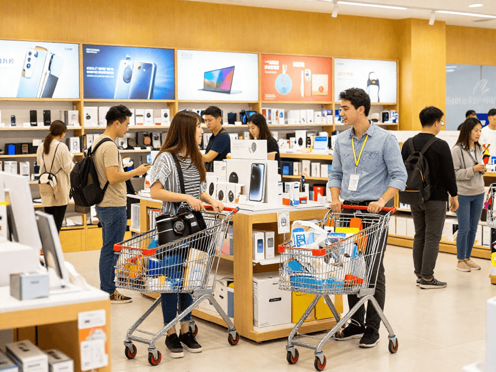 Shoppers exploring diverse products at ROKOK88 e-commerce store, vibrant and engaging retail environment.