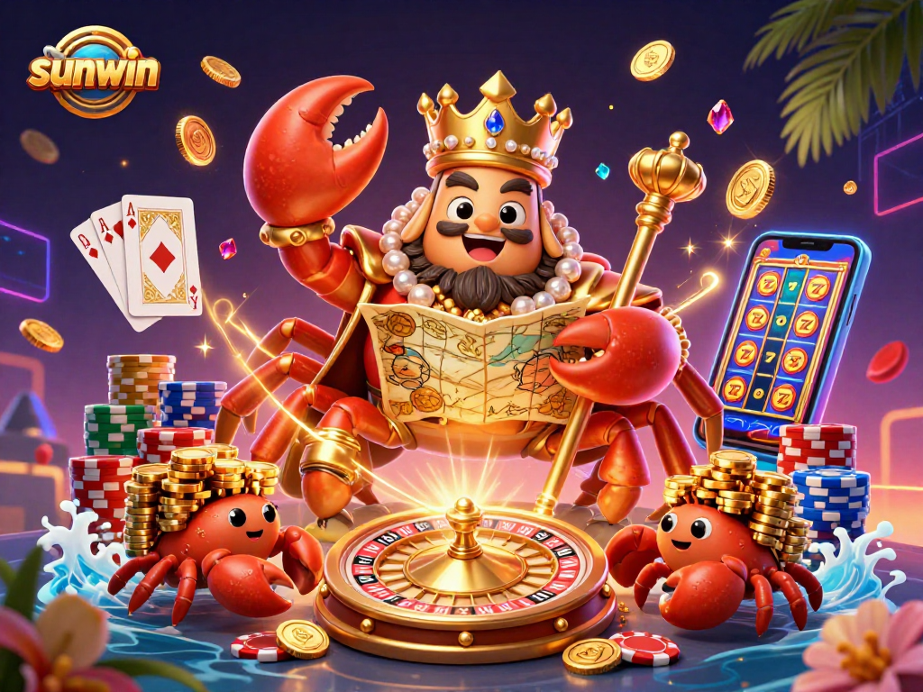 Join the golden crab emperor in a sunwin casino adventure filled with cascading coins and vibrant gaming elements.