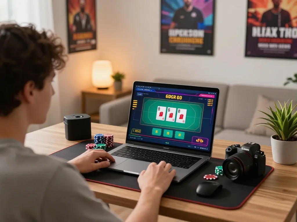 Engaged player enjoying live dealer games on GG88 platform in comfortable home setting.