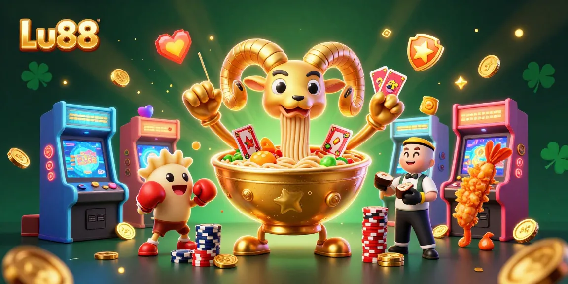 Engage with Lu88's fun-filled gaming world featuring a giant ramen bowl and cheerful sushi dealers.