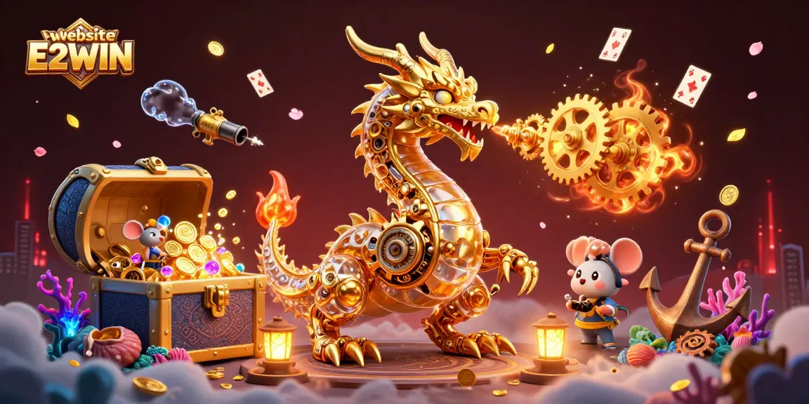 Engage with thrilling adventures on the website E2WIN showcasing an exciting golden dragon and casino elements.
