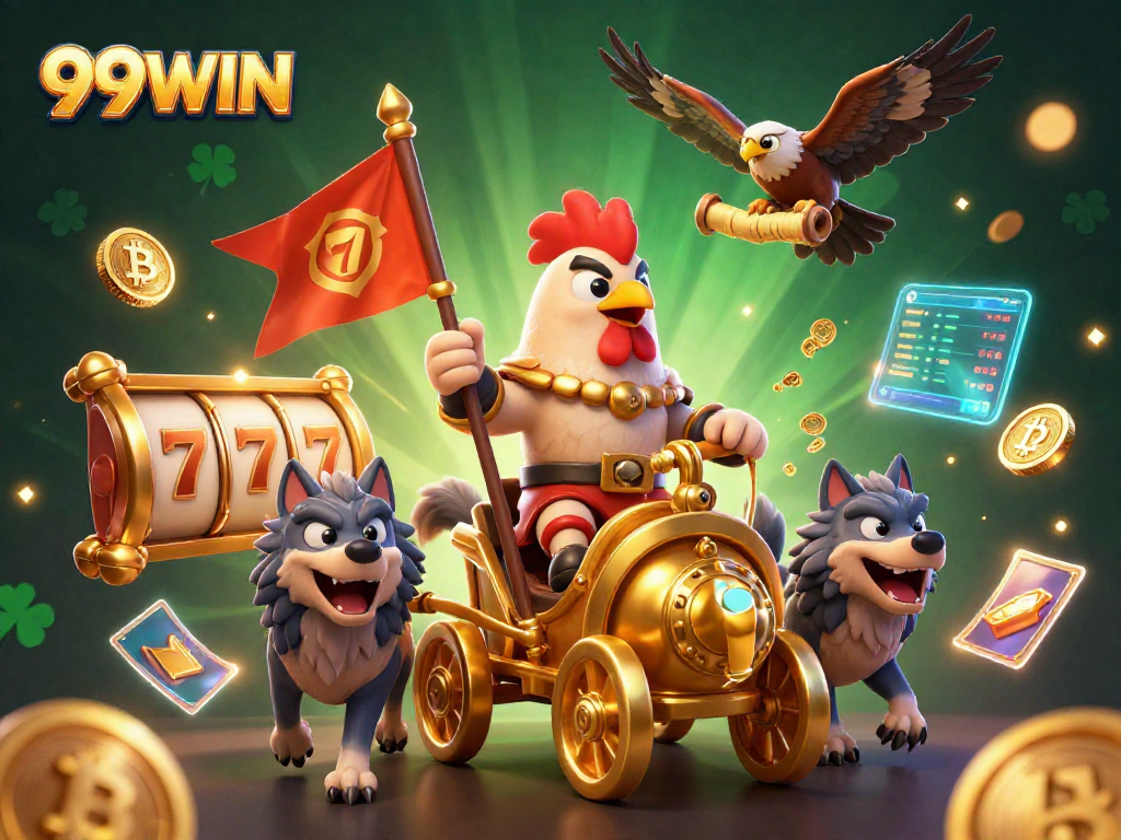 Join the thrilling adventure at 99WIN with a dynamic scene featuring casino characters and crypto elements.