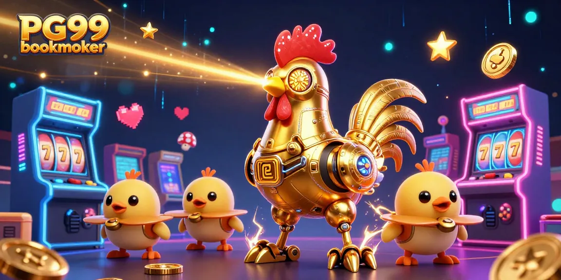 Engage with the PG99 bookmaker through vibrant casino-themed illustration featuring a unique golden rooster robot.