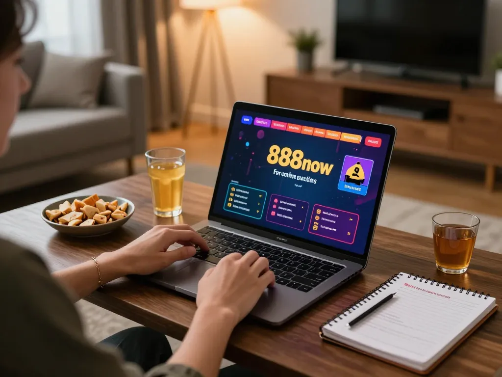 Engaged player exploring games on 888now platform from cozy home setup, showcasing online gambling atmosphere.