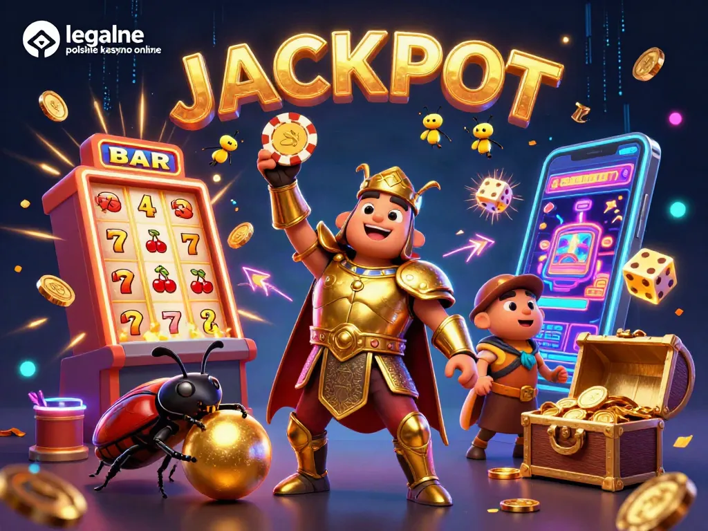 Experience the thrill at legalne polskie kasyno online with a victory scene of unique characters, coins, and jackpot excitement.