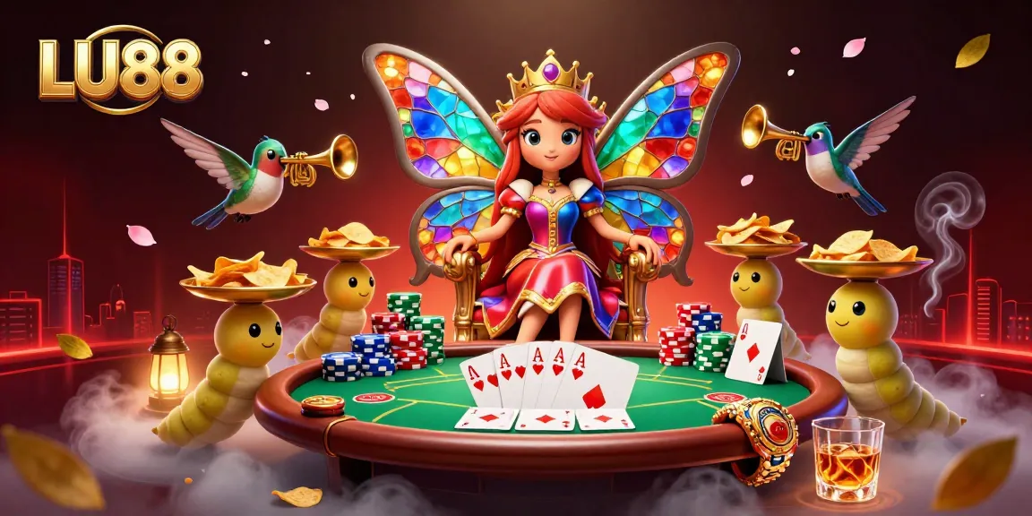 Experience thrilling gaming action at LU88 with a vibrant scene of a butterfly queen amidst a poker table.