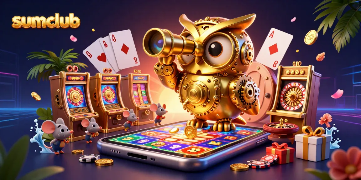 Experience the exciting games at sumclub with vibrant designs, spinning slots, and golden coins.