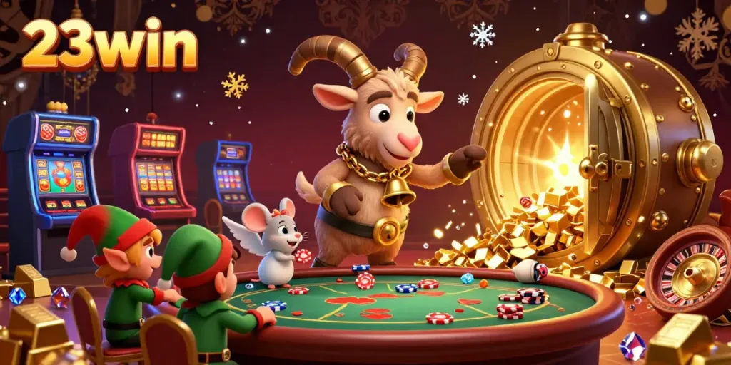 Experience the thrill of gaming at 23win's vibrant casino with festive characters and dazzling treasures.