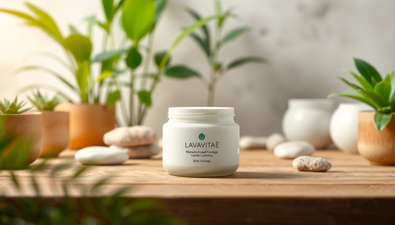 Wyróżniający się produkt Lavavitae na tle naturalnych elementów w spokojnym otoczeniu.