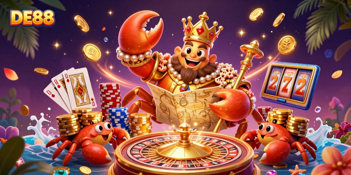 Experience thrilling gameplay with DE88 in a vibrant 3D casino scene featuring a golden crab emperor.