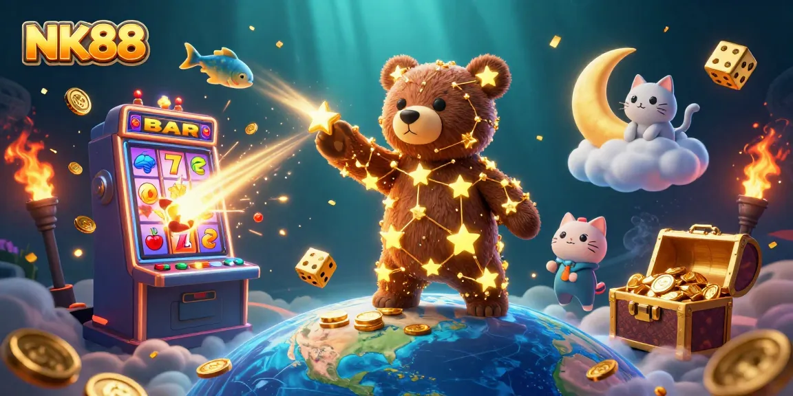 Win big with NK88 in a vibrant casino scene packed with golden stars and jackpot elements.