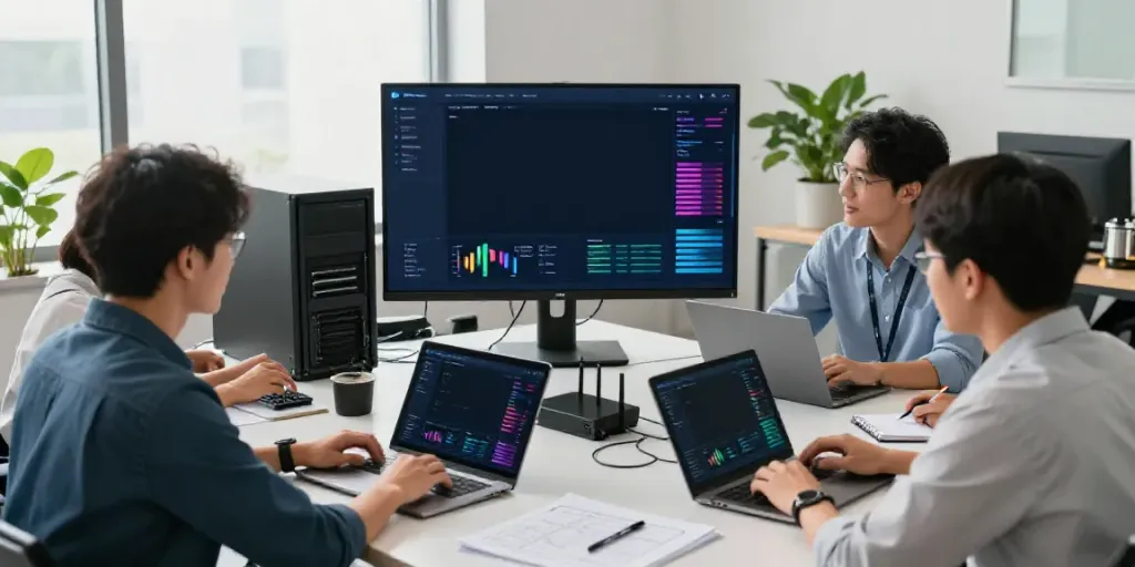 Team discussing hosting strategies with Domena data in modern office