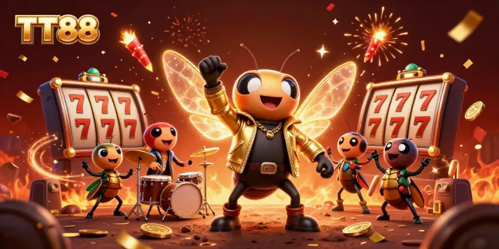 Experience excitement at TT88 with a vibrant scene of a rock star cicada and a beetle drummer in a dynamic casino atmosphere.