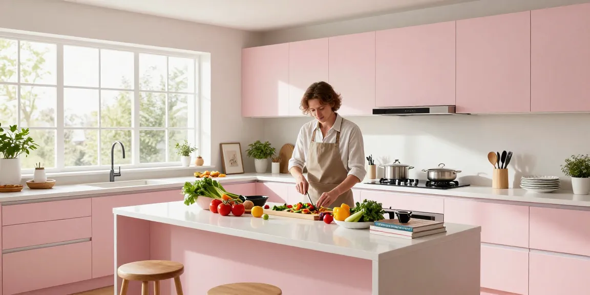 Nowoczesna kuchnia w stylu pastelowym z osobą przygotowującą zdrowe danie na https://praktycznemieszkanie.pl/.