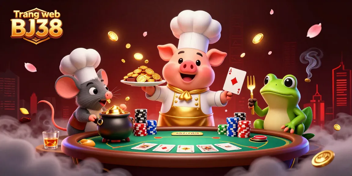 Engage with the exciting Trang web BJ38 where a chef pig serves gold coins amid a vibrant casino scene.