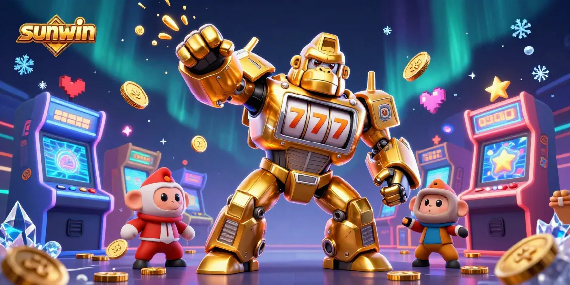 Sunwin gaming illustration showcasing a golden gorilla mech, slot elements, and vibrant arcade games.