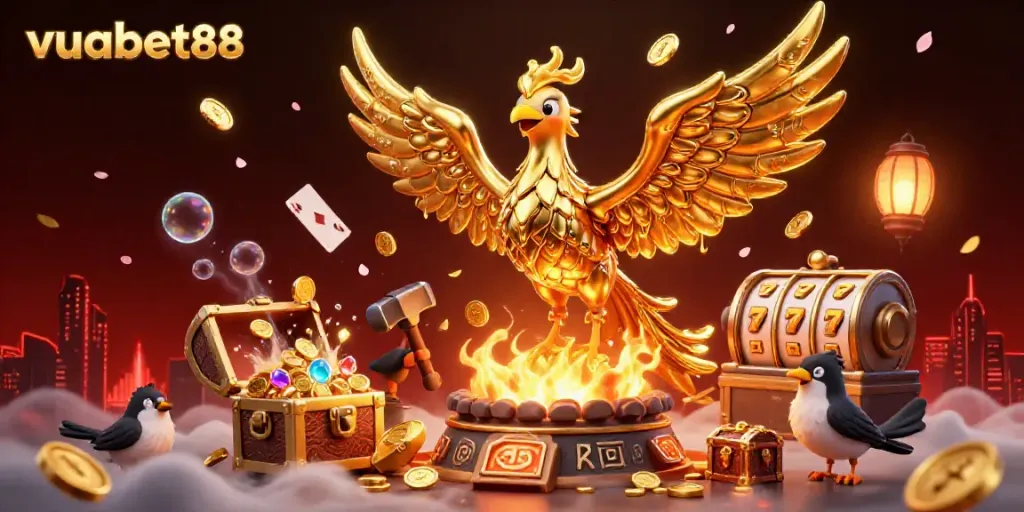 Engage in thrilling casino experiences with vuabet88, showcasing a golden phoenix and vibrant gaming elements.
