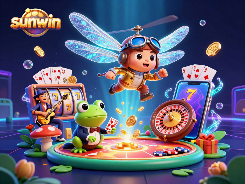Experience the excitement of sunwin with a vibrant 3D casino scene featuring a dragonfly pilot and frog dealer.
