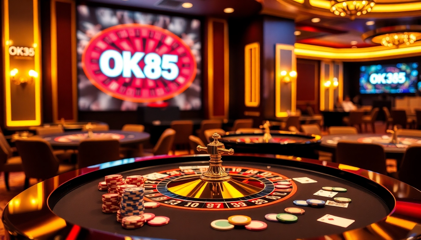 Players placing bets at a vibrant OK365 casino table surrounded by chips and cards.