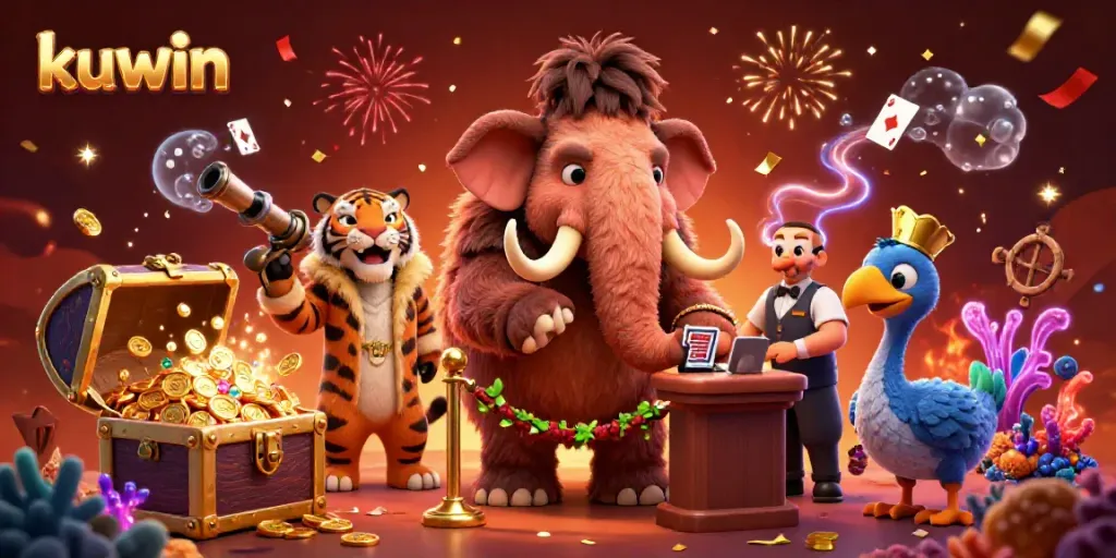 Kuwin casino featuring a 3D woolly mammoth bouncer checking IDs at the entrance, surrounded by thrilling game elements.