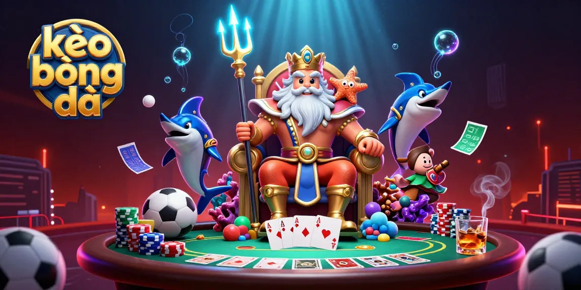Experience kèo bóng đá in an exciting underwater scene with Neptune and vibrant gaming elements.
