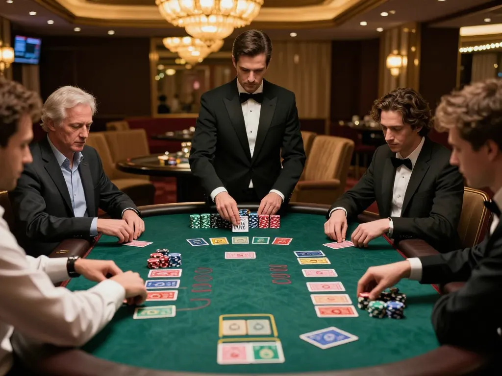 Engaged players at LV88 enjoying an intense blackjack game with colorful chips and cards displayed.
