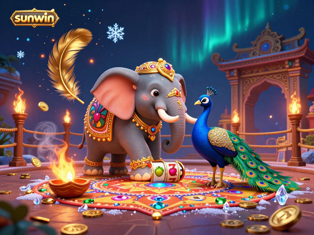 Experience sunwin's vibrant casino scene featuring a Diwali-themed elephant and slot symbols, enriched with gold coins.