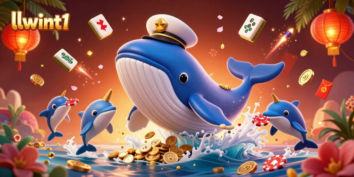 Experience the vibrant world of llwint1 with a gigantic whale and playful dolphins in a dynamic casino scene.