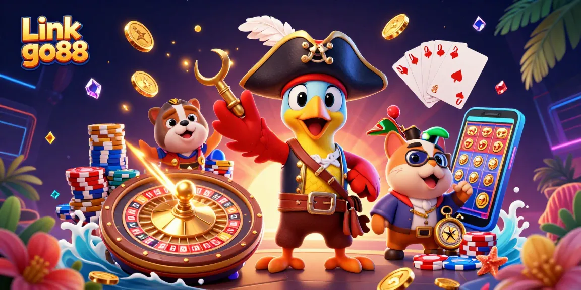 Experience the excitement of Link go88 with a dynamic 3D casino scene showcasing vibrant game elements and characters.