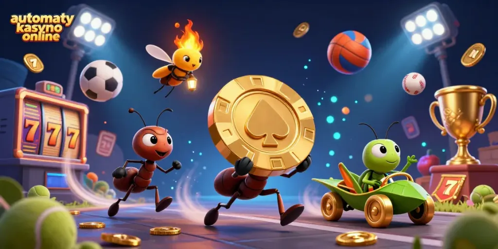 Experience automaty kasyno online with a whimsical illustration of ants' heist, vibrant symbols, and dynamic game elements.