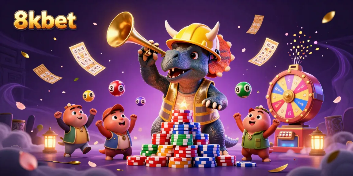 Engage with the thrilling 8kbet experience while the triceratops builds a poker chip pyramid amidst colorful lottery elements