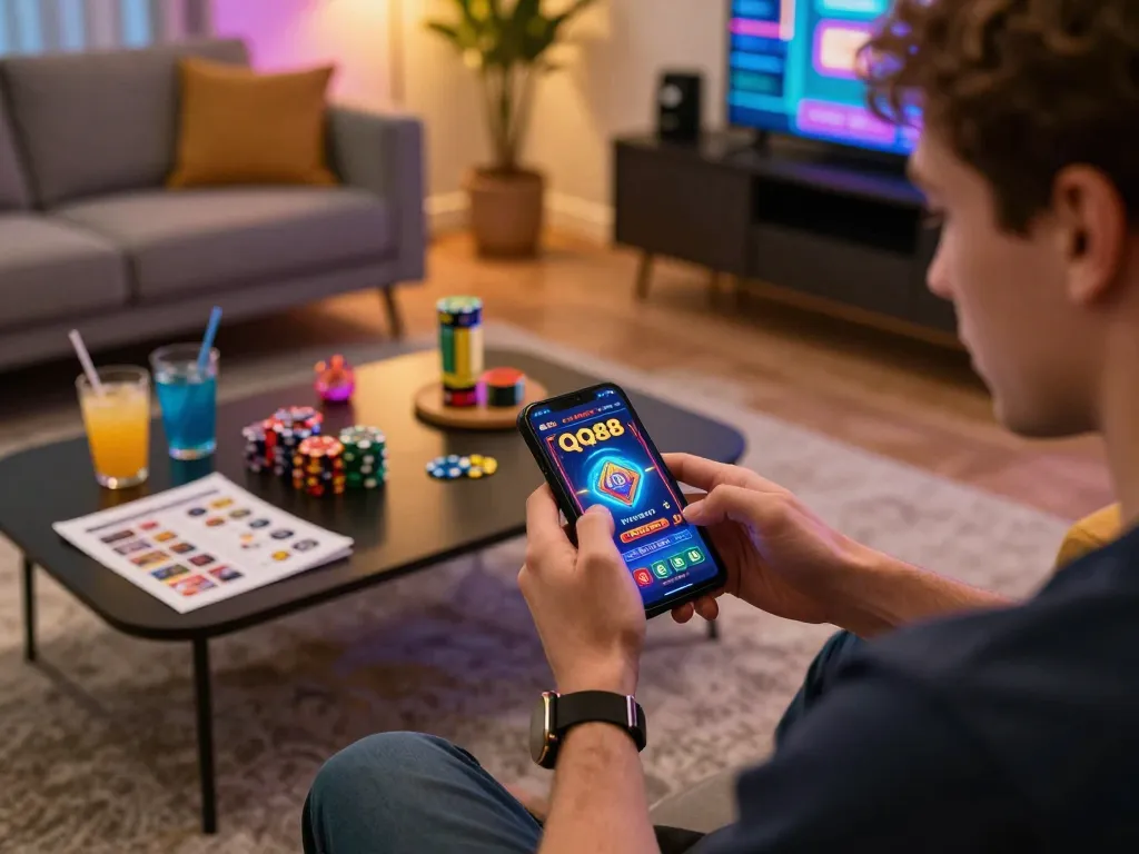 Player enjoying the QQ88 mobile app while engaging in thrilling online casino games