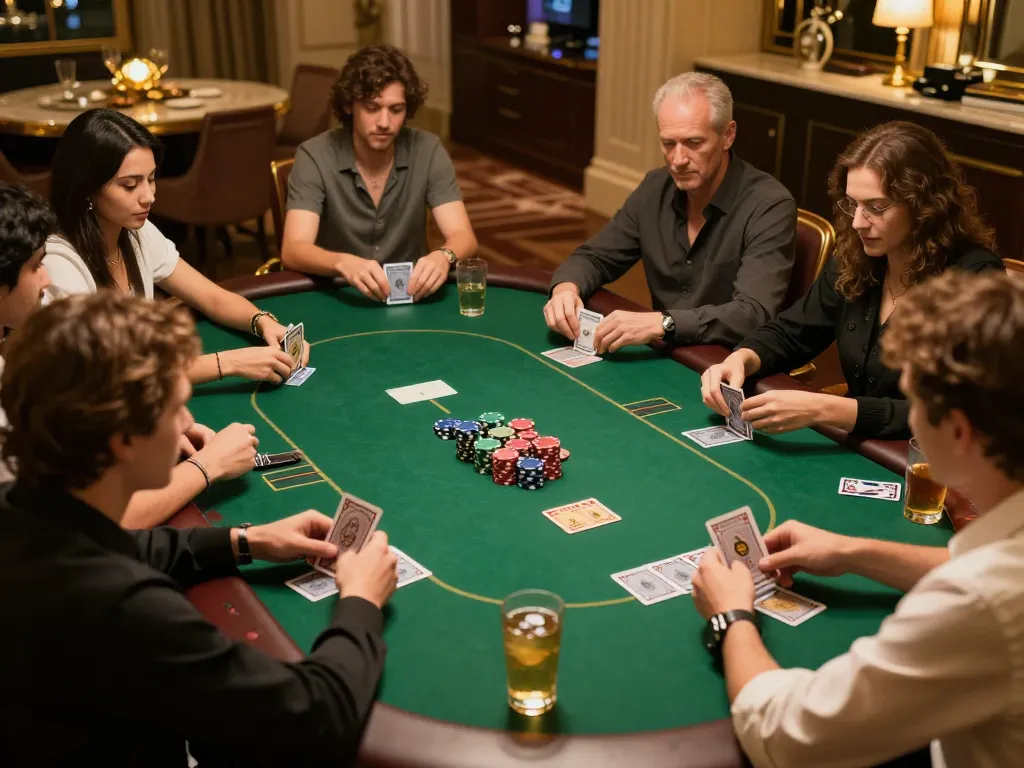 tg88 players engaging in a thrilling poker game at a stylish table with chips and cards.