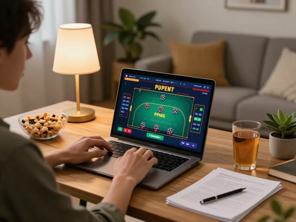 Engaging in online casino gameplay with F8bet on a laptop in a cozy home setting.