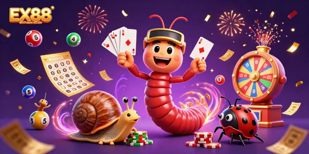 Experience the excitement of EX88email com with vibrant casino elements in this immersive 3D scene.