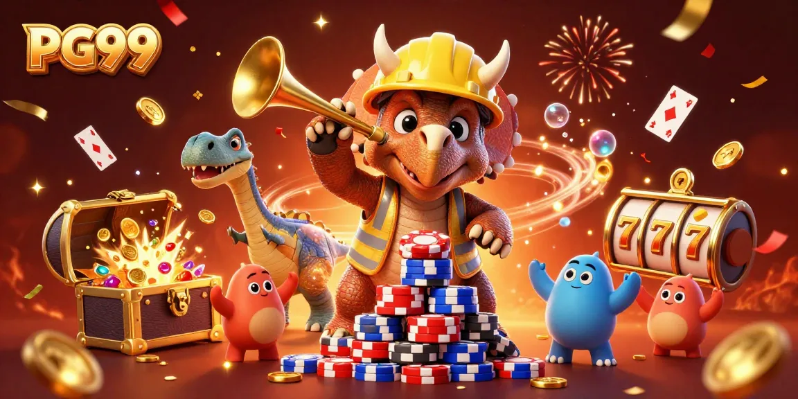 Engage in gaming adventures at PG99 with vibrant visuals of celebrating dinosaurs, jackpot slots, and treasures.