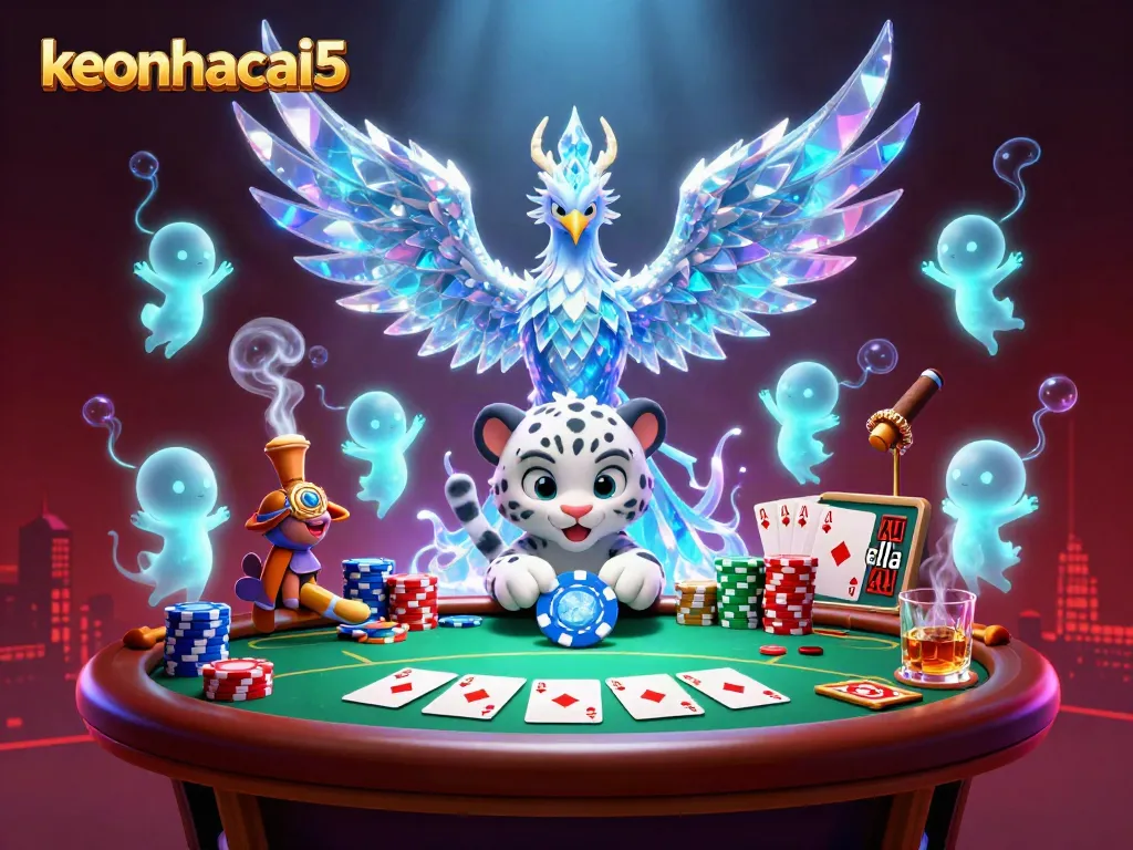 Engage with the keonhacai5 world, featuring a vibrant scene of an ice phoenix and playful elements promoting dynamic betting excitement.