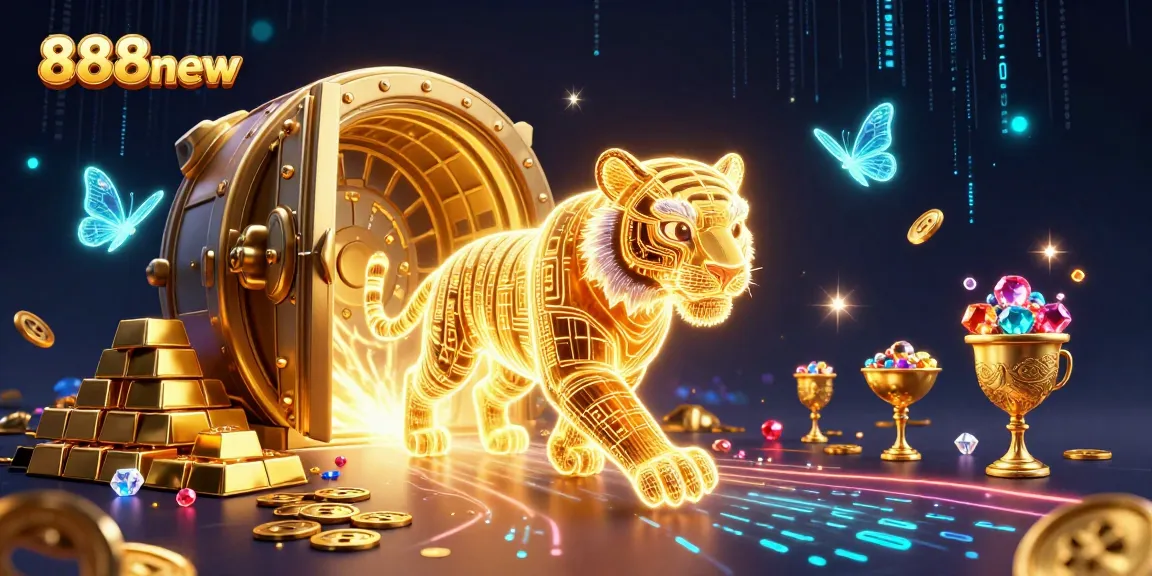 Engage with the thrilling energy of 888new, showcasing a neon tiger and dazzling casino treasures.