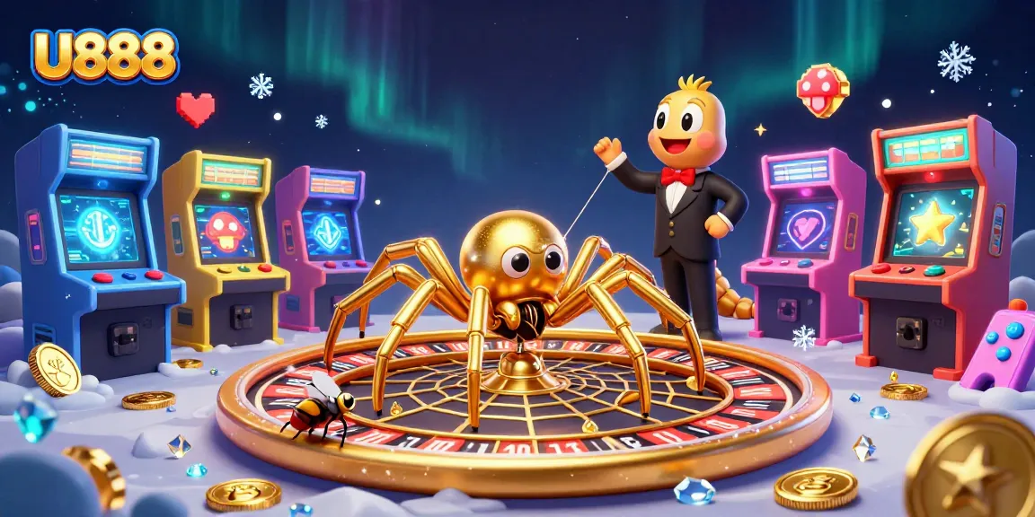 U888 integrates vibrant casino aesthetics with a dynamic spider and fly illustration, enhancing engagement.