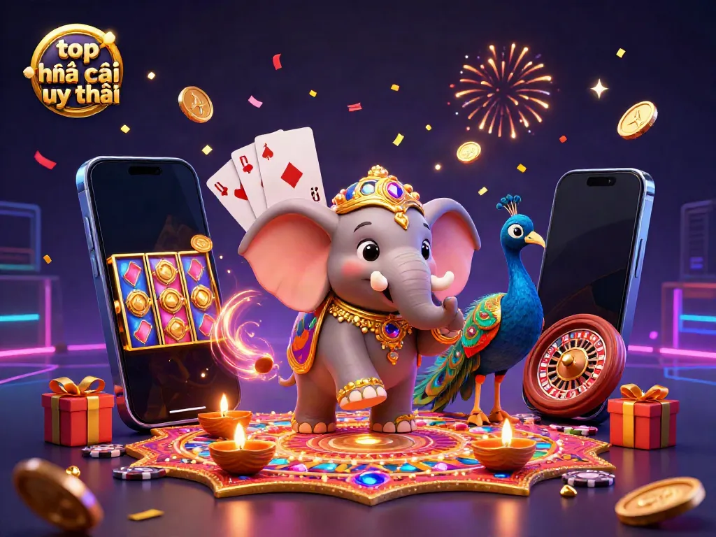 Experience top nhà cái uy tín with exciting slot games and vibrant casino elements in this illustrated scene.