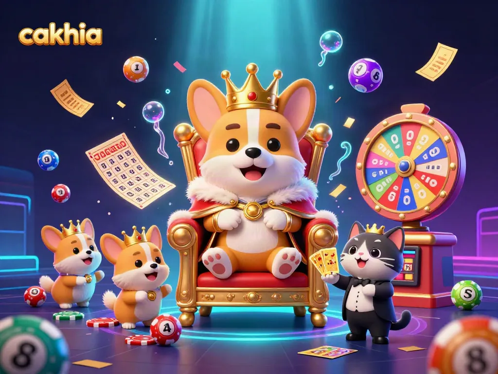Cakhia offers exciting betting with a royal corgi and vibrant lottery balls in a lively casino scene.