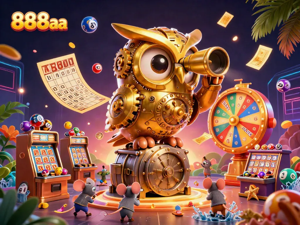 Experience exhilarating gaming with 888aa amidst colorful lottery elements and a vibrant casino atmosphere.