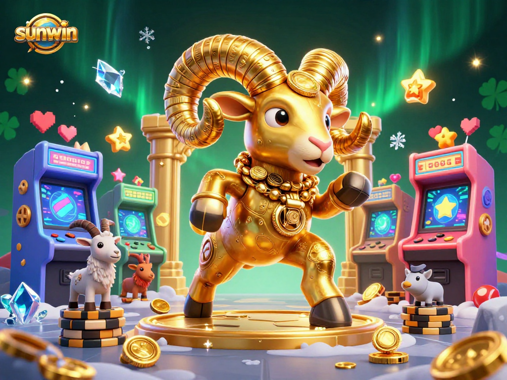 Experience action at sunwin with a golden ram charging through a vibrant casino landscape.