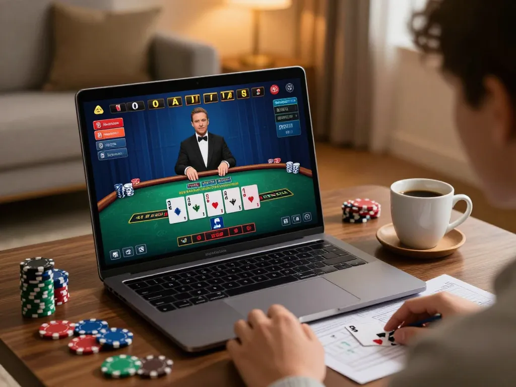 Open88 player enjoying live dealer blackjack in a cozy home setup, showcasing strategic gameplay.