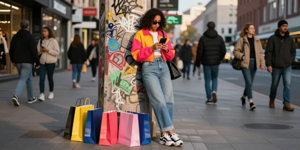 Stylish individual checking smartphone with colorful shopping bags representing outlet odzież hurt in urban setting.