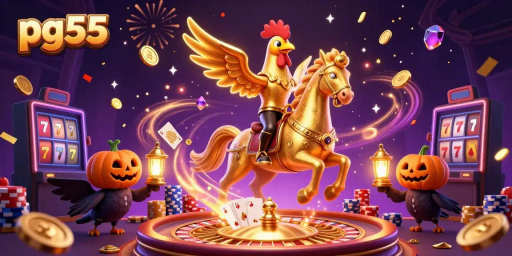 Engage with pg55’s thrilling casino atmosphere featuring a golden rooster hero amidst cascades of coins.