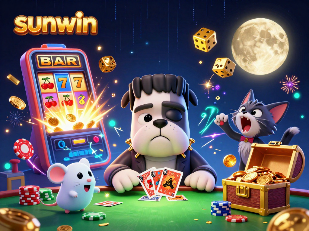 Engage with sunwin's thrilling casino experience featuring a bulldog monster dealing cards in a vibrant scene.