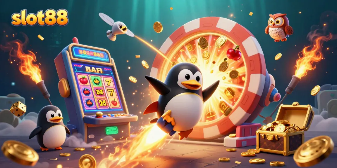Slot88 membawa keberuntungan dengan jackpot dan simbol slot melimpah dalam ilustrasi 3D.