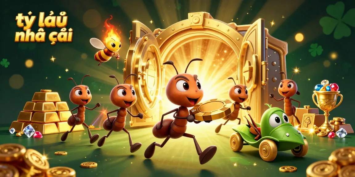 Engage with tỷ lệ nhà cái in a vibrant heist-themed casino illustration with ants, gold, and gems.